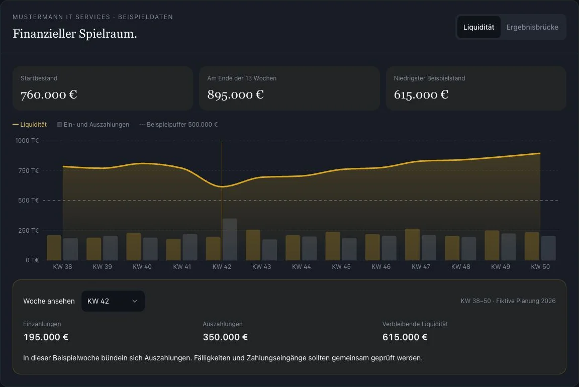 Finanzübersicht der NEXIT-Demo mit 13-Wochen-Liquidität, Ein- und Auszahlungen – fiktive Beispieldaten